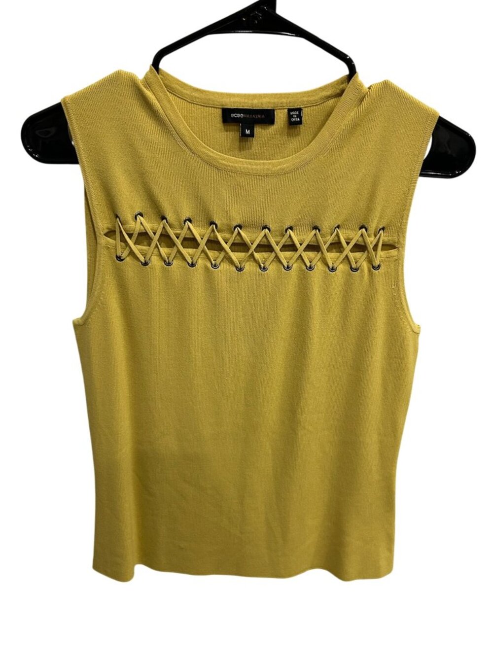 BCBG Max Azria Womens Yellow Sleeveless Lace-Up Top Size Medium Boho Preppy